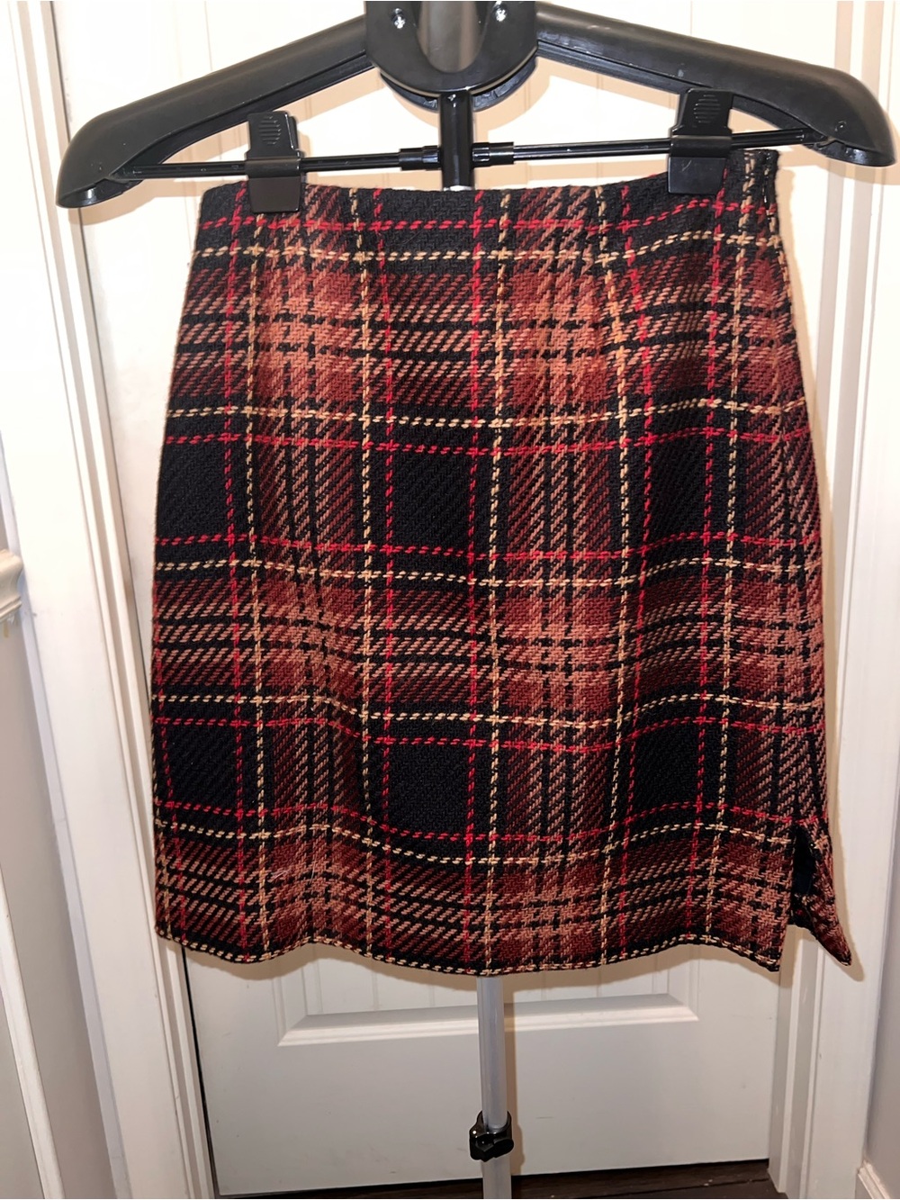 Harold's Black and Brown Plaid Mini Skirt with Red Accents